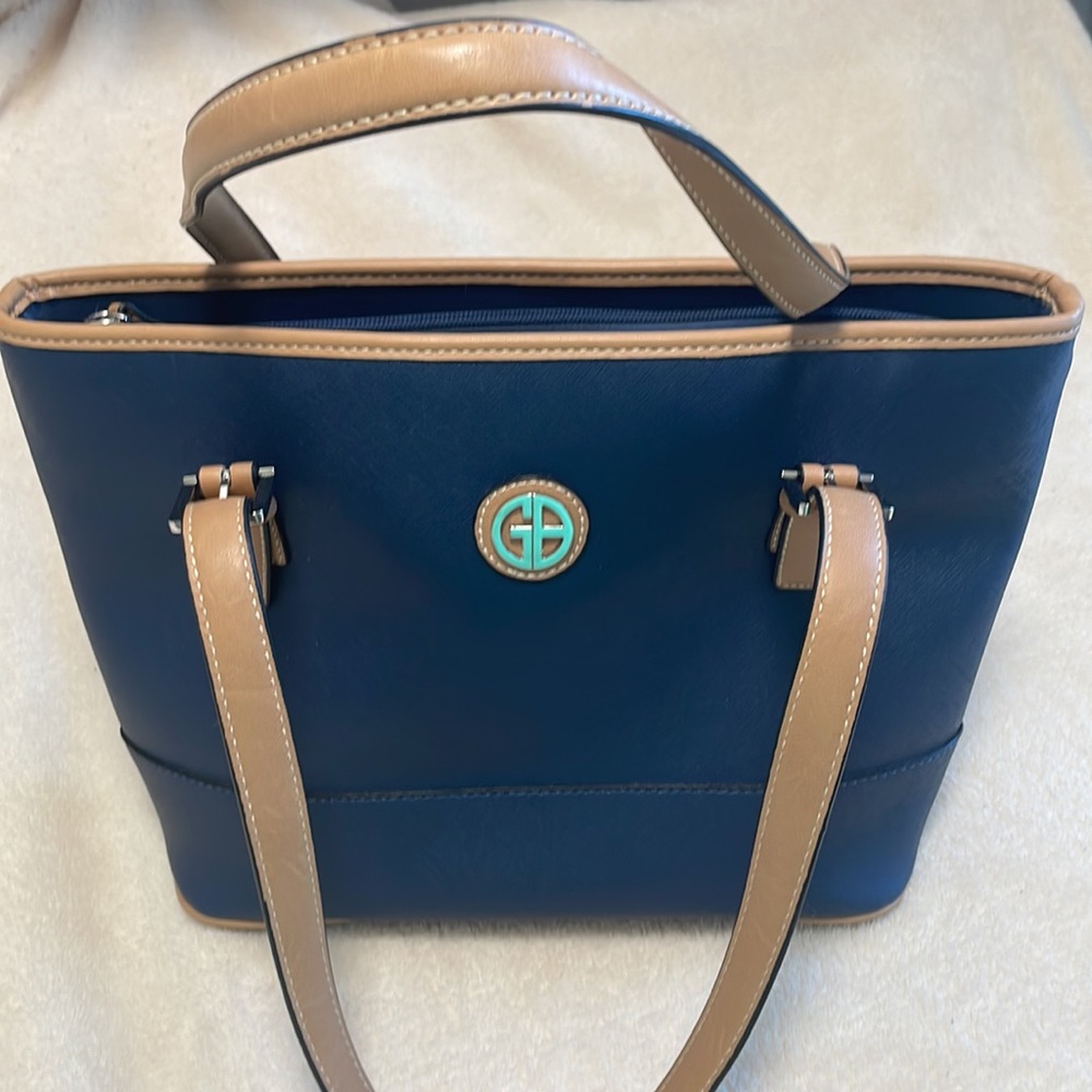 Giani Bernini Navy Faux Saffiano Zip Tote Handbag w Faux Tan Leather Handles